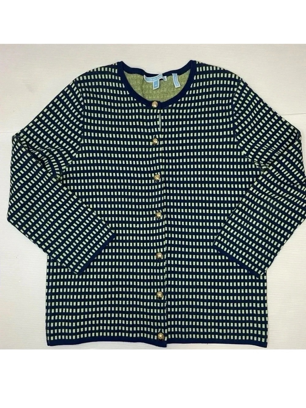 Draper James Navy Blue Gingham Gold Button Cardigan. Sz Med.